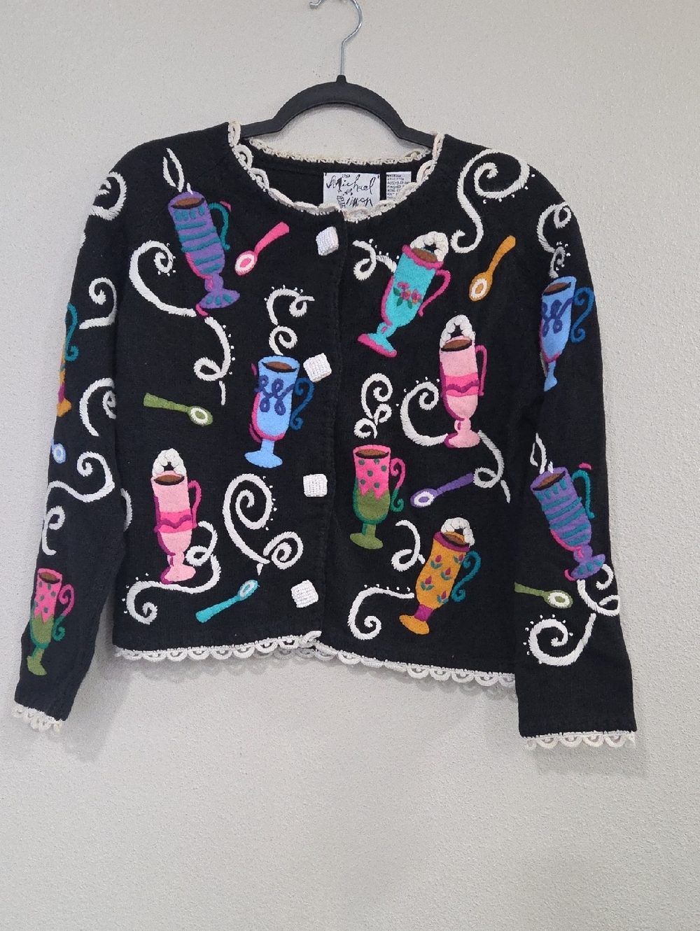 Michael Simon Black Cardigan Sweater with Colorful Mug Motif